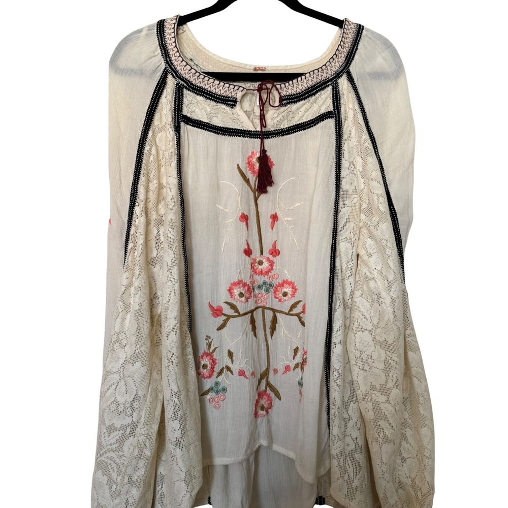 Free People Embroidered Lace Tiger Lily Peasant Blouse Ivory Floral Top M Boho - Picture 3 of 14